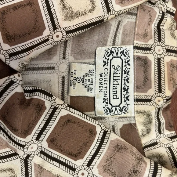 SilkLand Brown 100% silk and Cream Patterned Blouse - Picture 3 of 4